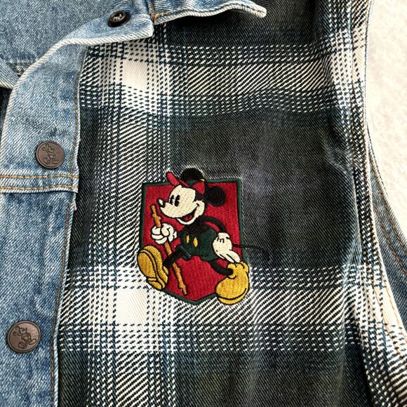 Mickey Mouse Inc World Travelers REVERSIBLE Denim Vest Mens Medium Plaid Vtg 90s - Picture 6 of 13